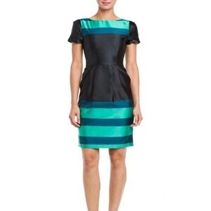 L.K. Bennett Accalia Peacock Pleated A-line Dress Short Sleeve Satin NWT Size 2